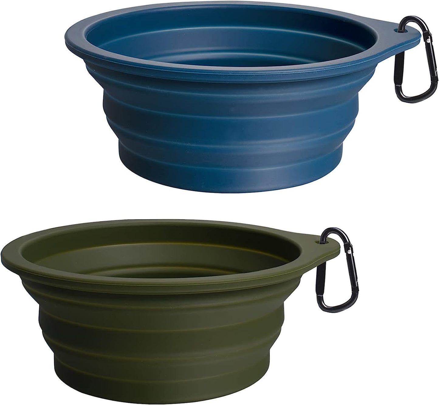 2-Pack Silicone Collapsible Dog Bowls, BPA Free Dishwasher Safe, Portable Foldable Expandable Travel Bowl, Food Water Feeding Cup Dish for Dogs Cats with 2 Carabiners (Army Green, Navy Blue)